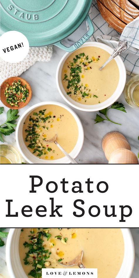 Potato Leek Soup Recipe - Love and Lemons Potato Leek Soup Recipe, Creamy Potato Leek Soup, Leeks Soup Recipes, Creamed Leeks, Potato Leek, How To Make Potatoes, Potato Leek Soup, Leek Soup, Creamy Potato