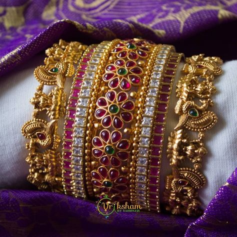 Attractive Bangles From Vriksham ~ South India Jewels Ruby Bangles, Antique Gold Jewelry Indian, Gold Bangle Set, Antique Jewellery Designs, Jewelry Set Design, Antique Bridal Jewelry, Antique Jewelry Indian, Antique Gold Jewelry, Stone Bangle