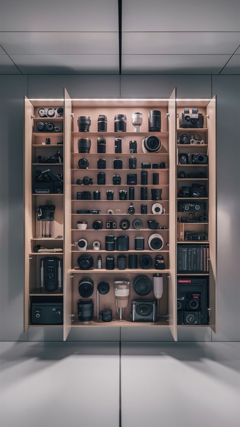 📷 Optimize your space with a wall-mounted photography gear cabinet. This practical solution offers secure camera storage and effective camera gear organization while conserving valuable floor area. #PhotographyGearCabinet #WallMountedStorage #CameraGearOrganization Photography Gear Storage Cabinet, Organize Camera Equipment, Photography Equipment Organization, Camera Storage Organizing, Photography Gear Storage, Outdoor Gear Organization, Camera Gear Storage, Camera Gear Organization, Photography Storage