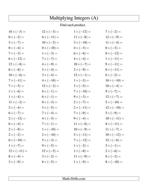 The Multiplying Integers -- Positive Times a Negative (A) Math Worksheet Multiplying Negative Numbers, Multiplication Of Integers, Adding Rational Numbers, Adding Integers Worksheet, Multiplying Integers, Subtracting Rational Numbers, Negative Numbers Worksheet, Multiplying And Dividing Integers, Dividing Integers