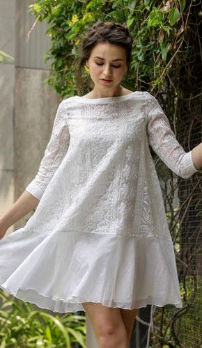 White chikankari short dress by vasavi shah, sensual and stylish. Chikan Dresses Cotton Western, Chikankari Tops Tunics, White Chicken Tops For Women, Chikankari One Piece Dress, Chicken Dress Designs Western, Chikenkari Dress Pattern, Chikenkari Dress Ideas Frock, White Chikenwork Kurti, Chikankari Dress Patterns