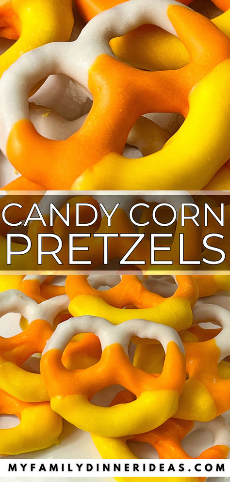 Candy Corn Pretzels Candy Corn Pretzels, Decorated Pretzels, Fall Bake Sale, Candy Corn Recipe, Harvest Ideas, Halloween Pretzels, Candy Corn Cookies, Snack Mixes, Pumpkin Candy Corn