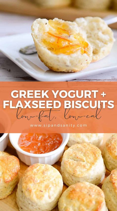 These Greek Yogurt + Flaxseed Biscuits are a healthier alternative to the classic southern biscuit — for those mornings when you’re trying to be good! Serve with breakfast, with soup, as a slider bun or part of dessert! A low-fat, low-cholesterol swap for your favorite biscuit dishes. And easy to make! Yogurt Biscuit Recipe, Low Fat Biscuits, Bisquit Recipes, Greek Yogurt Biscuits, Biscuit Dishes, Breakfast Biscuit Recipe, Biscuit Cinnamon Rolls, Flour Biscuits, Greek Yogurt Pancakes