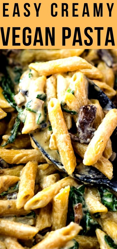 This easy creamy vegan pasta is made with mushrooms and spinach in a simple cashew sauce. It's a comforting, easy family meal! #easyrecipes #creamyveganpasta #veganpasta #cashewsauce Recovery Recipes, Vegan Pasta Recipe, Vegan Mushroom Pasta, Vegan Italian Recipes, Creamy Vegan Pasta, Mushrooms And Spinach, Vegan Pasta Dish, Vegan Alfredo, Cashew Sauce