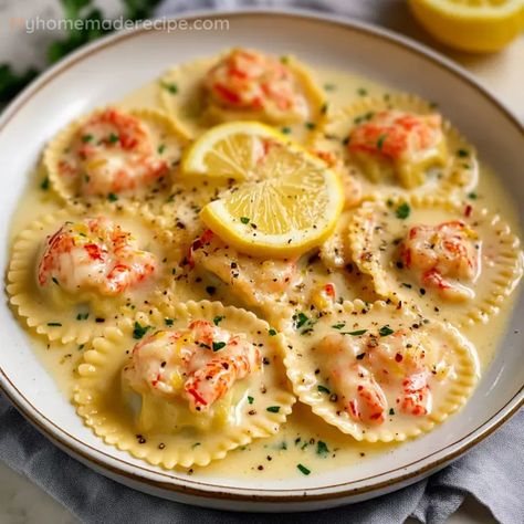 This Lobster Ravioli in Lemon Butter Sauce combines the rich flavors of lobster and a zesty lemon butter sauce for a truly gourmet experience. Lobster Ravioli In Zesty Lemon Sauce, Shrimp Lemon Butter Sauce, Ravioli Recipe With Shrimp, Shrimp With Ravioli, Lobster Ravioli In A Zesty Lemon Butter Sauce, Italian Lobster Dishes, Lemon Ravioli Recipe, Ravioli Lunch Ideas, Lobster Ravioli Soup