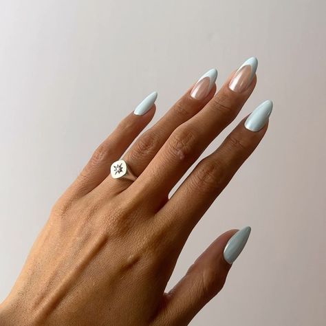 15 Spring Wedding Nail Ideas, From Pearly Tips to White Chrome Convocation Nails, Light Blue Floral Nails, Bridesmaid Nails Blue, Baby Blue Nails Almond, Sky Blue Nail Ideas, White And Light Blue Nails, Baby Blue And White Nails, Light Blue Prom Nails, Baby Blue Almond Nails