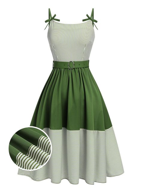 Green 1940s Spaghetti Strap Stripes Patchwork Belted Dress | Retro Stage Vintage 1940s Dresses, Flair Dress Pattern, Green Vintage Dress, Retro Closet, Retro Dress Pattern, Dresses By Style, 1940s Fashion Dresses, Retro Stage, Pink Pearls