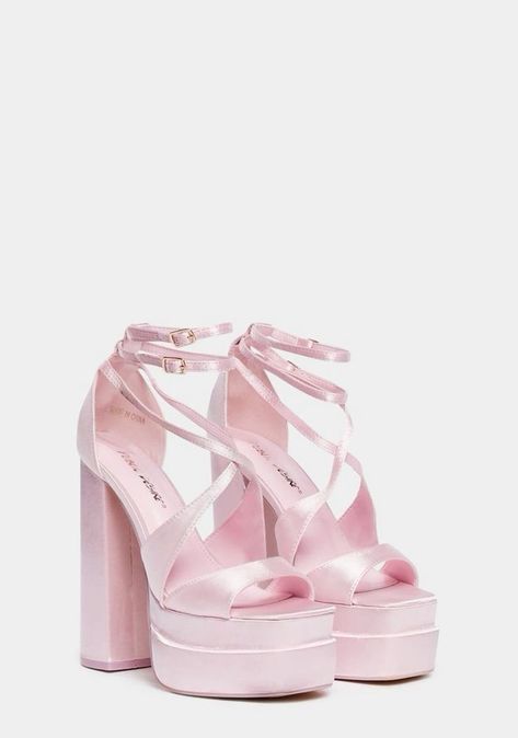 Stylish Heels Fashion, Cool Shoes Designs, Cute Pink Aesthetics, Pink Satin Platform Heels, Pink Thick Heels, Wedding Shoes Bride Pink, Baby Pink Platform Heels, Dolls Kill Shoes Platform, Hot Pink Platform Boots