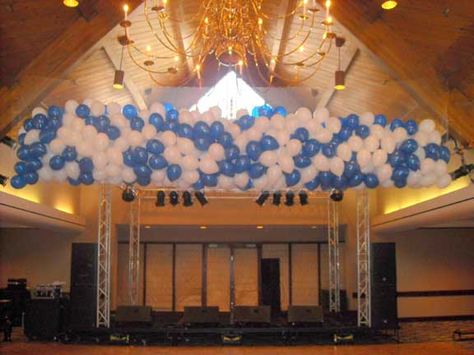 Dropping Balloons From Ceiling, Ceiling Full Of Balloons, How To Double Stuff Balloons, Balloon Drop, Here Comes The Bride, New Years Eve, Balloons, Ceiling, Blue And White