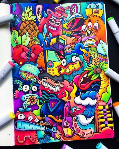 Gawx Art on Instagram: “Yasss just finished this full page doodle and I’m really happy with how it turned out! Spent around 8 hours drawing this one but I think it…” Gawx Art, Hours Drawing, Doodle People, Doodle Art For Beginners, Doddle Art, Arte Doodle, Doodle Characters, Art Sketches Doodles, Graffiti Doodles