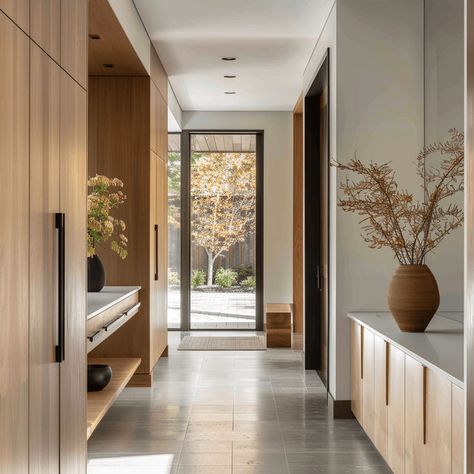 A mid-century modern hallway embodying the principles of Bauhaus and Scandinavian design, emphasizing simplicity, functionality, and the use of natural materials3 Contemporary Mudroom, Mid Century Modern Hallway, Mid Century Hallway, Modern Hallway Design, Modern Entryway Decor, 70s Interior Design, 70s Interior, Modern Hallway Ideas, Hallway Inspiration