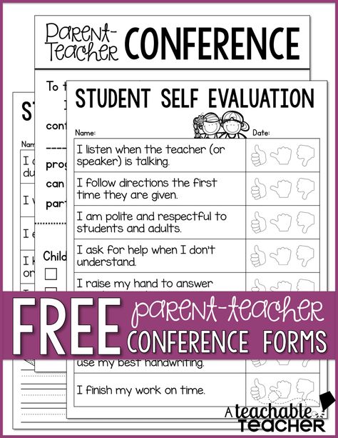 Parent-Teacher Conference Forms Freebie Student Self Evaluation, Parent Teacher Conference Forms, Parent Teacher Conference, Conference Forms, Planning School, Parent Teacher Communication, Parent Teacher Conferences, Teacher Conferences, Parent Teacher