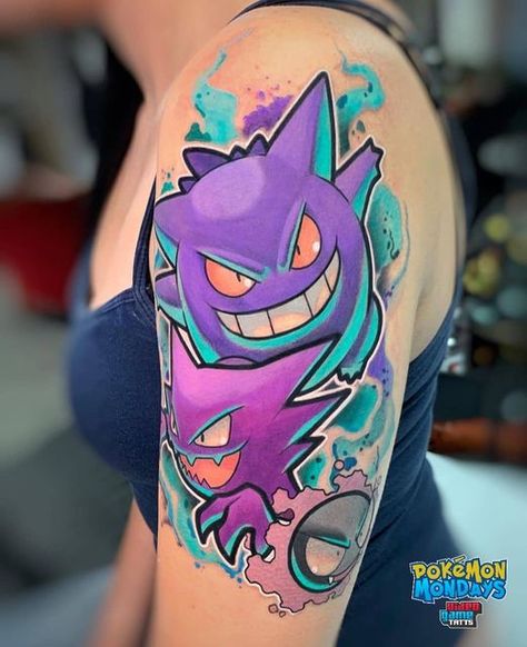 Fawkes & Nuke Best Friends on Instagram: "👻 Gastly evolution set tattoo for today's final #pokemonday post thanks to @illustday !!" Gengar Tattoo, Pokemon Sleeves, Pikachu Tattoo, Nerdy Tattoos, Gamer Tattoos, Gengar Pokemon, Tattoos Mandala, Geek Tattoo, Pokemon Tattoo