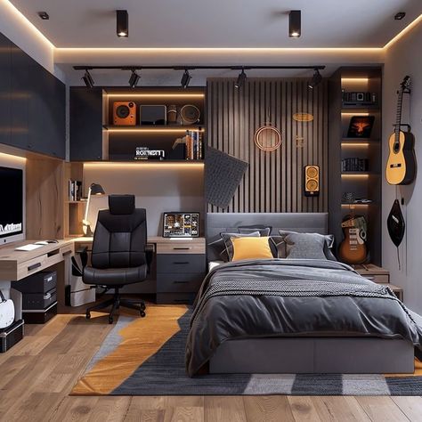 Son Room Design Modern, Acoustic Wall Panels Bedroom, Boys Bedroom Desk Ideas, Mens Wardrobe Design, Bedroom Study Table Ideas, Gamer Boy Bedroom Ideas, Boy Teen Bedroom Ideas, Cool Teen Boy Room, Older Boys Room