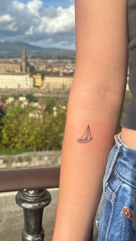 Mini Boat Tattoo, Sailing Tattoo Ideas, Tug Boat Tattoo, Paddleboard Tattoo, Small Boat Tattoo, Sailboat Tattoo Simple, Sail Boat Tattoo, Sail Tattoo, Paper Boat Tattoo