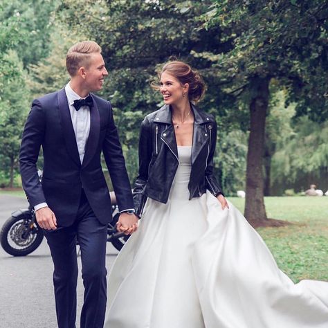 Bride wearing Ines Di Santo gown & black leather jacket Wedding Dress With Leather Jacket, Leather Jacket Wedding Dress, Dress With Leather Jacket, Bride Leather Jacket, Womens Leather Jacket, Biker Wedding, Classic Brides, Lambskin Leather Jacket, Bridal Shoot