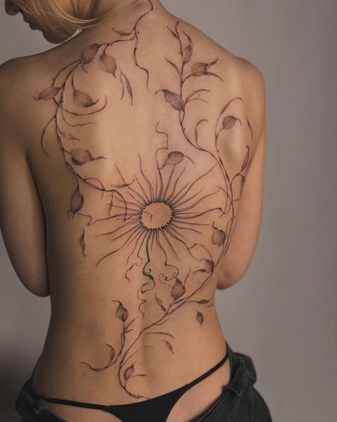 Big Tattoo On Back For Women, Two Different Style Tattoo Sleeves, Thigh To Back Tattoo, Feminine Unique Tattoos, Sick Back Tattoos For Women, Green Tattoo On Brown Skin, Skeleton Ribs Tattoo, Earthy Spine Tattoos For Women, Badass Back Tattoos For Women