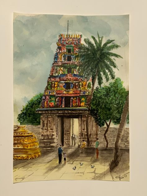 Tamil Traditional Art, Hindu Temple Painting, Temple Illustration Indian, Indian Temple Illustration, Gopuram Painting, Indian Temple Drawing, Temple Painting Indian, India Painting Ideas, Temple Drawing Indian