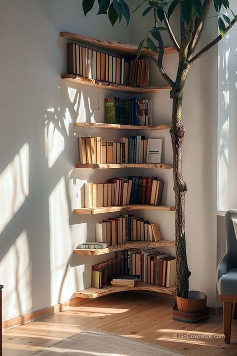 Meanwhile, this corner bookshelf will add a touch of contemporary flair to your space. Tiny House Bookshelf, Bookshelves For Corners, Corner Book Shelf Ideas Aesthetic, Small Corner Bookshelf Ideas, Reading Nook Bookshelf, Small Space Shelving Ideas, Small Corner Bookshelf, Corner Bookshelf Diy, Minimalist House Design Small Spaces