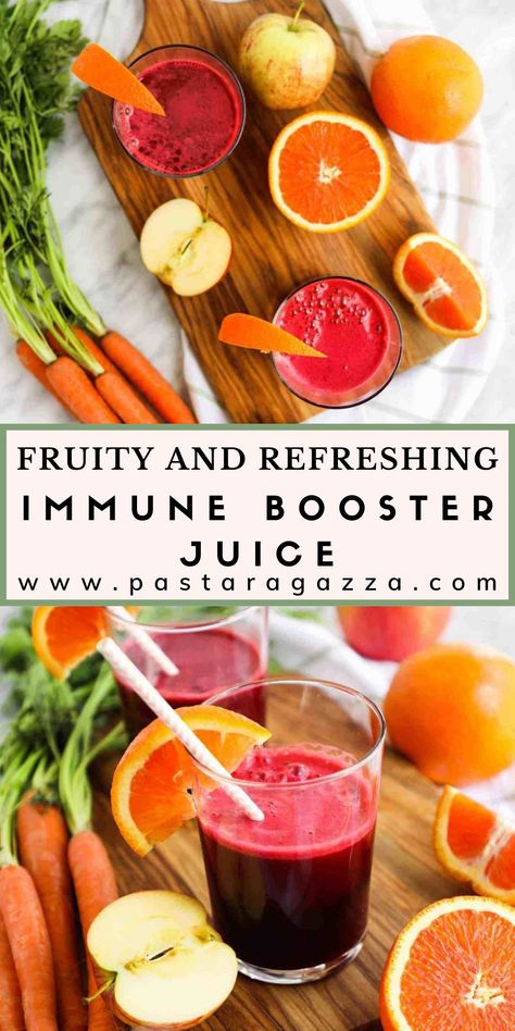 Immune Booster Juice is a sweet and vitamin-rich juice that can be made in just 10 minutes using an electric juicer. It’s loaded with healthy fruits and vegetables, including organic beets, carrots, oranges, ginger, apples, and celery. Not only is it extremely healthy and makes you feel great, but it’s also refreshing and delicious too. Taking care of your health and loading up on vitamin-rich foods can help your body defend itself against illness.