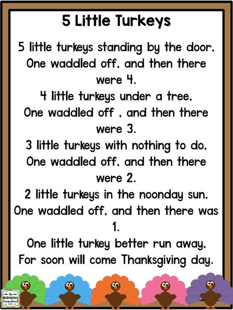 Turkeys, Subtraction And Veteran's Day: Schedulin' Sunday | The Kindergarten Smorgasboard Thanksgiving Fingerplays For Preschoolers, 5 Little Turkeys Poem, Fall Poems For Kindergarten, November Fingerplays, 5 Little Turkeys Song, Turkey Fingerplays, Turkeys Preschool Activities, Thanksgiving Activity For Toddlers, Thanksgiving Poems For Preschoolers