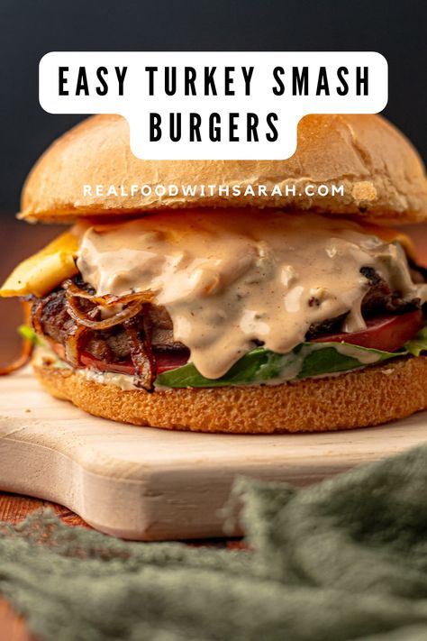 Best Turkey Burger Recipe Homemade, Bacon Turkey Burgers, Smash Burger Turkey Burger, Best Turkey Burgers Ever, Meal Prep Turkey Burgers, Blackstone Ground Turkey Recipes, Thanksgiving Turkey Burger, Frozen Turkey Burger Recipes, Turkey Burger Patty Recipe