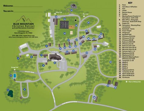 Map - Blue Mountain Christian Retreat & Conference Center Farm Retreat Ideas, Christian Retreat Center, Retreat Center Design Floor Plans, Retreat Center Design Architecture, Retreat Center Ideas, Retreat Center Design, Spiritual Retreat Center, Site Plan Design, Resort Design Plan