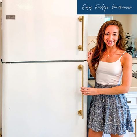 Easy Fridge Makeover Adding New Fridge Handles Garage Fridge Makeover, Smeg White Fridge, Diy Fridge Handles, Fridge Handle Diy, Refrigerator Handles Diy, Fridge Handle Makeover, Renter Friendly Fridge Makeover, White Fridge Makeover, Farmhouse Fridge