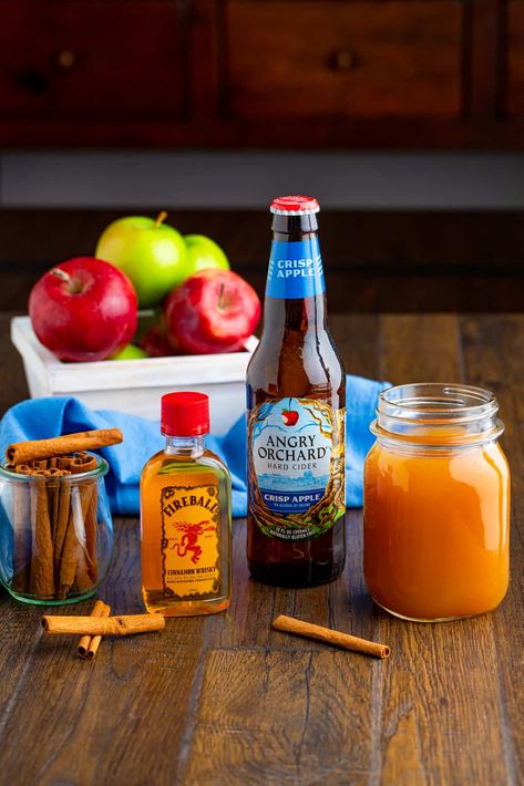 Ingredients needed to make Fireball Hard CIder. Angry Orchard And Fireball, Angry Orchard Cocktails, Nye Drinks, Hard Cider Recipe, Making Hard Cider, Fireball Drinks, Cinnamon Drink, Angry Orchard, Cider Drinks