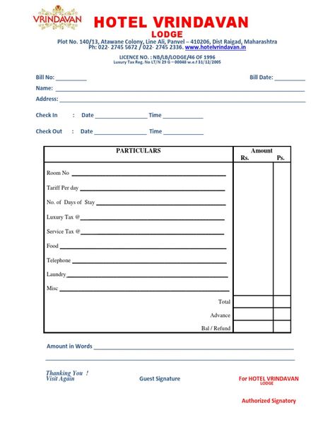 Hotel Vrindavan Lodge provides accommodation in Panvel, Maharashtra. The document is a sample bill from the hotel that details charges for a guest's stay. It lists the guest's name, check-in/out dates and times, room number, nightly room rate, number of nights stayed, and additional charges for luxury tax, service tax, food, telephone, laundry and other miscellaneous items. The total amount due is calculated along with any advance payments made and the remaining balance or refund owed. Hotel Invoice, Memo Format, Hotel Bill, Invoice Format, Invoice Template Word, Bill Template, Invoice Design, Luxury House Interior Design, Miscellaneous Items