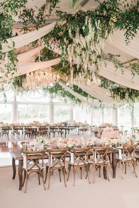 Reception Tent with Cascading Flowers, Draping and Crystal Chandeliers Reception Tent, Wedding Ceiling, Cascading Flowers, Rustic Wedding Decorations, Wedding Chandelier, Flowers And Greenery, Wedding Tent, Crystal Chandeliers, Marquee Wedding