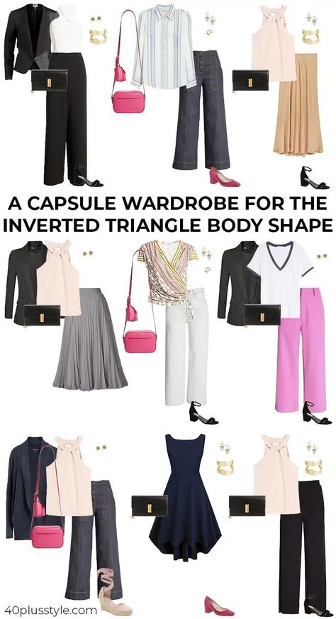 Inverted Triangle Outfits Spring, Outfits Inverted Triangle, Triangle Body Shape Celebrities, Triangle Outfit, Triangle Outfits, Inverted Triangle Body Shape Fashion, Inverted Triangle Body Shape Outfits, V Shape Body, Triangle Body Shape Fashion