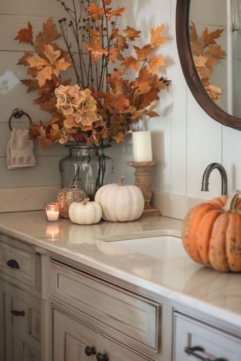 Fall Shelf Styling Living Room, Fall Basement Decor, Cozy Fall Decor Bathroom, Fall Apartment Decor Kitchen, Seasonal Bathroom Decor, October Decorations Fall, Fall Decor Ideas For The Apartment, Fall Decor Inspo 2024, Antique Fall Decorations