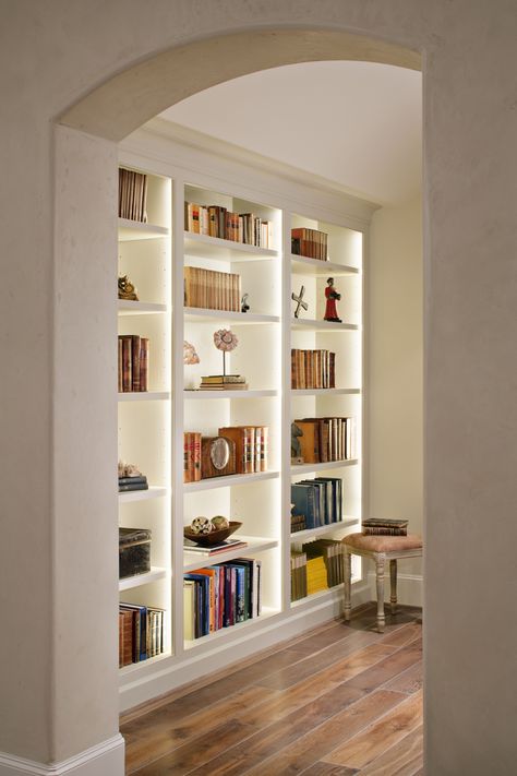 Bankston May Designs Lighted Bookshelves Built Ins, Open Back Built In Bookshelves, Built In Bookshelves With Lighting, Hallway Bookshelves Built Ins, Custom Bookshelves Built Ins, Hallway Bookshelves, Small Library Room, Dream Home Office, Floor To Ceiling Bookshelves