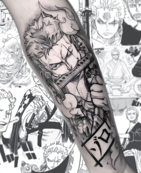 Zoro One Piece Tattoo, Zoro Tattoo, One Piece Tattoo, Ghibli Tattoo, One Piece Tattoos, Pieces Tattoo, Gaming Tattoo, Leg Sleeve Tattoo, Art Album