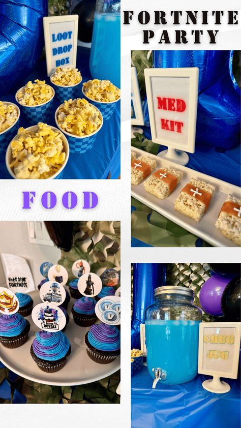 Simple and fun ideas for planning a Fortnite birthday party. Ideas for themed party food, decorations, activities for the kids, and more. Durr Burger Fortnite, Fortnite Birthday Food Ideas, Fortnite Snacks Ideas, Fortnite Party Snacks, Fortnite Themed Food, Fortnite Food Ideas, Fortnight Party Ideas, Fortnite Birthday Ideas, Fortnite Birthday Party Ideas For Boys