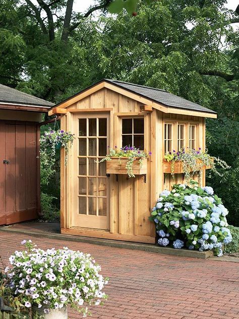 Wood garden shed with window boxes Prefab Walls, Shed Playhouse, Small Garden Shed, Wooden Shed, Shed Ideas, Shed Kits, Backyard Sheds, Backyard Shed, Outdoor Sheds