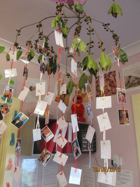 Natural baby mobile created with a tree branch. Great for displaying photos around the room and strengthening children's sense of identity by Emali Early Learning Center Bush Kindy, Branch Display, Photo Mobile, Reggio Inspired Classrooms, Reggio Emilia Inspired, Reggio Classroom, Class Displays, Early Learning Centre, Reggio Inspired