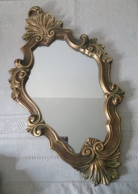 Large old rococo style mirror Golden wood mirror Decorated with scrolls and foliage Very pretty patina Object from the 1950s/1960s Dimensions: height 68 cm x width 38 cm A hanging hook on the back The back of the frame has been redone Paris spirit of the 1950s For a boudoir-style atmosphere Ornate Hand Mirror, Vintage Mirror Frame, School Presentation, Pretty Mirror, Baroque Mirror, Retro Mirror, Old Mirror, Ornate Mirror, Bronze Mirror