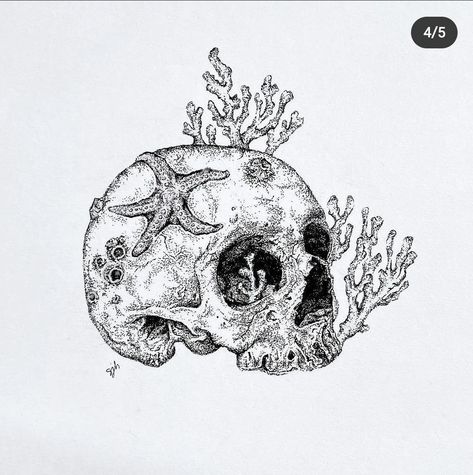 Coral Skull Tattoo, Underwater Skull Tattoo, Skull Underwater, Ocean Theme Tattoos, Coral Drawing, Kraken Art, Skeleton Artwork, Skeleton Drawings, Sea Tattoo