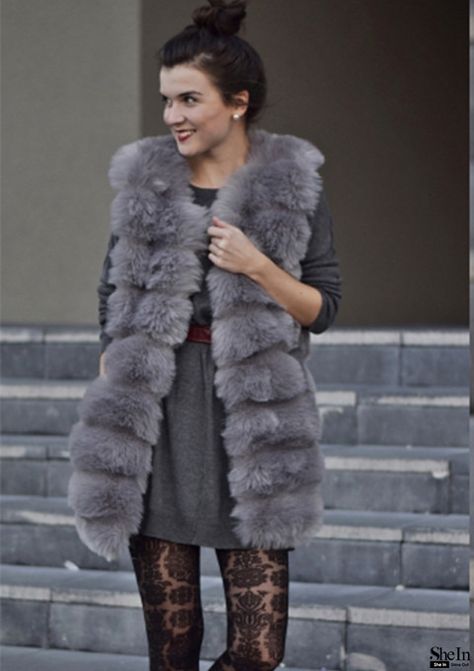 grey vest - Style Gallery & Lookbook of SheIn www Fluffy Vest, Grey Vest, Faux Fur Vests, Vest Fashion, Fashion Gallery, Soft Blankets, Faux Fur Coat, Faux Fur, Fur Coat