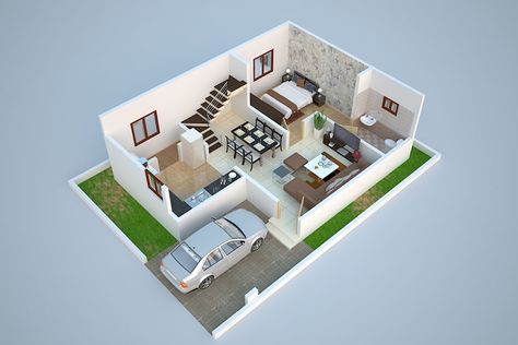 3D Ground Floor Plan Design of Duplex (1280 Sq. Ft.) Ground Floor Plan - 720 Sq. Ft. for Wish Town Township Project at Shivala Patna House 3d Plans, Reka Bentuk Rumah Kecil, Dröm Hus Planer, 20x30 House Plans, 2bhk House Plan, Duplex Plans, Indian House Plans, 3d House Plans, Two Bedroom House