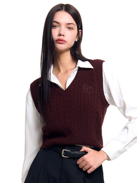 Editor's notesIt is a classic knit vest with cable pattern. Made of wool blend fabric, the vest has warm and cozy fit and soft, stretchy, and easy-to-care features. The 7 gauge knit is thick and fluffy.- Standard fit- V-neck line- Ribbed neck, armhole, hem- Logo embroidery in matching colorMeasurements(in.)S / M- Shoulder: 15 in. / 15.7 in.- Chest: 17.3 in. / 18.1 in.- Hem: 13.4 in. / 14.2 in.- Armhole: 9.4 in. / 9.8 in.- Length: 18.9 in. / 19.7 in. *Model info: Model 1 - Height 5’ 9” Bust Wool Vest Outfit, Brown Sweater Vest, Cable Vest, Knit Vest Outfit, Interview Outfits Women, Cable Pattern, Red Vest, Woman Wine, Wool Vest