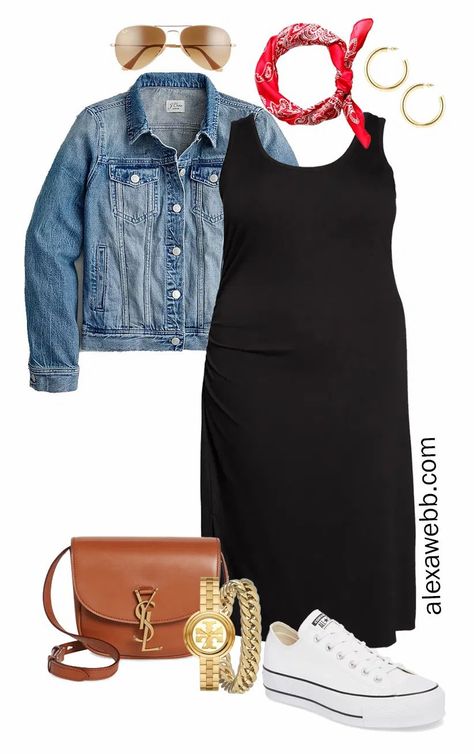 Plus Size Black Tank Dress Outfit for Spring and Summer with a Red Bandana, Denim Jacket, Tan Crossbody Bag, and White Platform Sneakers - Alexa Webb Plus Size Outfits For Summer, Casual Plus Size Outfits, Alexa Webb, Tank Dresses Outfit, Crochet Spring, Elegant Crochet, Plus Size Summer Outfits, Look Plus Size, Black Tank Dress