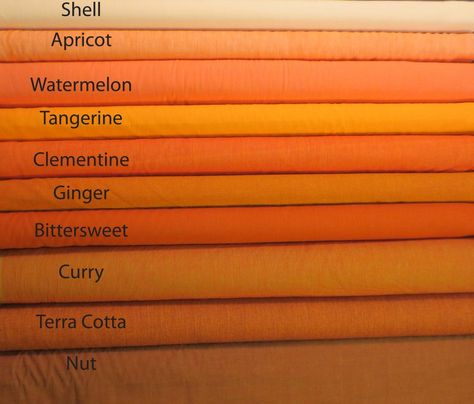 Kaffe Fassett Shot Cottons - Orange Color Chart Different Shades Of Orange, Orange Color Shades, Orange Watermelon, Colour Shade Card, Color Knowledge, Orange Shades, Colour Combinations Fashion, Shade Card, Tangerine Color