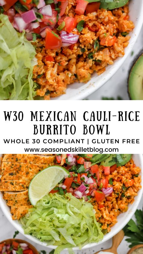 W30 Mexican Cauli-Rice Burrito Bowl is a Whole30 approved, gluten-free burrito bowl bursting with delicious Mexican flavours. This healthy low carb burrito bowl is made with seasoned cauliflower rice, loaded with your favourite toppings like fresh homemade pico de gallo, avocado, marinated chicken, lettuce, and jalapeños! Serve as a healthy filling lunch or dinner. Also includes W30 Mexican Cauli-Rice Burrito Bowl recipe video for easy follow-along! Low Carb Burrito Bowl, Seasoned Cauliflower Rice, Healthy Filling Lunch, Low Carb Burrito, Seasoned Cauliflower, Cauliflower Rice Salad, Rice Salad Bowl, Rice Burrito, Salad Bowl Recipes