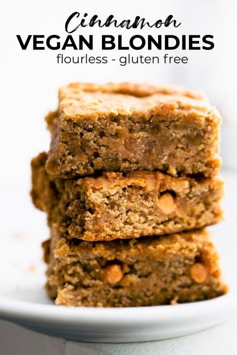 Cinnamon chickpea blondies are chewy, gluten free treats, perfect for snacking! This flourless vegan blondie recipe can also be made nut free! #vegan #dessert #glutenfree #blondies Tahini Blondies Gluten Free, Chickpea Sweets, Flourless Blondies, Vegan Blondie, Blondies Dessert, Nutrition Snacks, Cotter Crunch, Chickpea Blondies, Vegan Blondies