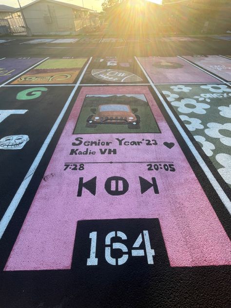 Parking Spot Painting Album Cover, Graffiti Senior Parking Spot, Parking Spot Inspiration, Group Parking Spot Ideas, Retro Senior Parking Spot, Fun Senior Parking Spots, Parking Lot Senior Painting, Duo Parking Spot Painting, Twin Senior Parking Spots