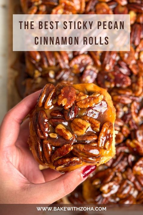 Use this simple recipe to make the best homemade sticky pecan cinnamon buns. These cinnamon rolls are unique and perfect for fall, offering a cozy and comforting dessert for any occasion. Easy to make and full of flavor, from the soft and pillowy cinnamon rolls topped with sticky, caramelized pecan topping and can be made without a stand mixer. Find the full recipe at bakewithzoha.com Cinnamon Pecan Rolls Homemade Easy, Overnight Pecan Rolls, Bridgeford Cinnamon Rolls, Cinnamon Rolls Homemade Pecan, Pecan Rolls Recipe Sticky Buns Rhodes, Easy Pecan Cinnamon Rolls, Sticky Pecan Buns, Cinnamon Butter Rolls, Pecan Caramel Rolls