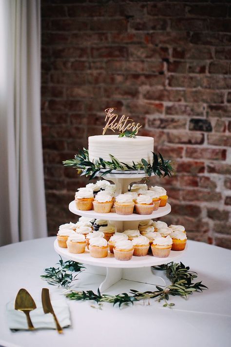 Photo By: Derksworks Greenery Wedding Cake And Cupcakes, Wedding Cake With Cupcakes Display, Cake And Cupcakes Wedding, Cake And Cupcake Table, Wedding Cake And Cupcake Display, Wedding Cake With Cupcakes, Cake Greenery, Wedding Cake Cupcakes, Wedding Cake And Cupcakes